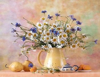 Splendor, blue, creamer, apricots, vase, fruits, pears, daisies, daisy, flowers HD wallpaper
