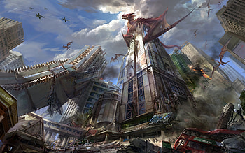 Jet Fighter, Fantasy, Dragon, City, Destruction, Rampage HD wallpaper