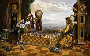 another game of chess, table, man, game, chess, clock HD wallpaper