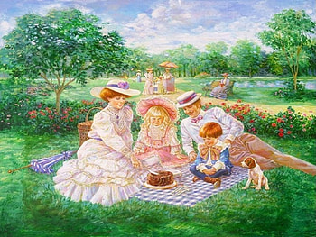 Picnic Day, summer, retro, family, happy, grass, paintings, people, picnic HD wallpaper