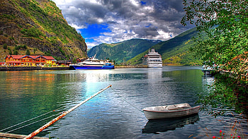 Lake Mountains, blue, boat, nature, flowers, grass, mountains, lake, rock HD wallpaper