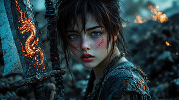 Warrior of the Burning Realm, fantasy warrior, glowing eyes, dragon warrior, girl power HD wallpaper