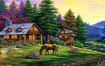 Rock of Wolves, meadow, horse, cottage, artwork, painting, trees HD wallpaper