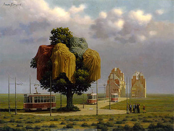 The Tram, abstrace, 3d, fantasy, clouds, trees, sky, transportation, roads, travel HD wallpaper