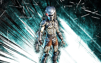 Predator, grunge art, Fortnite Battle Royale, Fortnite characters, blue abstract rays, Predator Skin, Fortnite, Predator Fortnite HD wallpaper