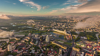 Belarus, Minsk cityscape, Sunset, Aerial view HD wallpaper