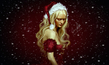 Christmas girl, portrait, christmas, red, laura leiva, hat, santa, art, craciun, blonde, fantasy HD wallpaper