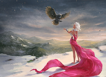 Lady in pink, winter, bird, art, viktoria pashkova, dress, owl, wind, pink, fantasy, iarna, bufnita, luminos HD wallpaper