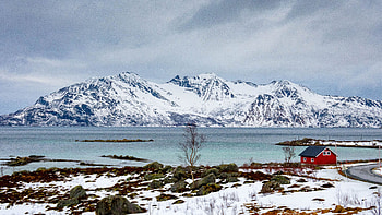 Landscape View Of Snow Capped Mountain Lake Trees House Stones Under Clouds Sky Nature HD wallpaper
