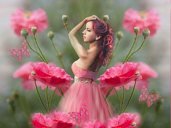 Delicate Pink Ladies 6, dress, colorful, white, vibrant, girl, butterflies, delicate, pink, vivid, green, bright, bold, flowers HD wallpaper