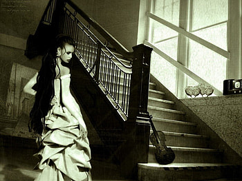 Sad Love, stairs, house, beautiful woman with long hair, violin, beautiful clothes HD wallpaper