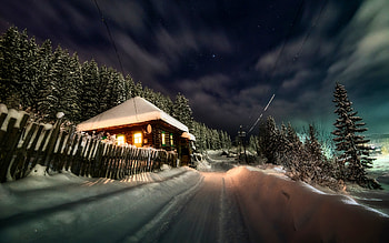 Cabin, winter, road, snow HD wallpaper