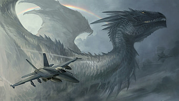 Fantasy, Sky, Rainbow, Dragon, Plane, Airplane, Rocket, Rockets HD wallpaper