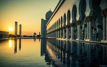 the grand mosque in abu dhabi at sunset, pool, reflection, mosque, sunset HD wallpaper