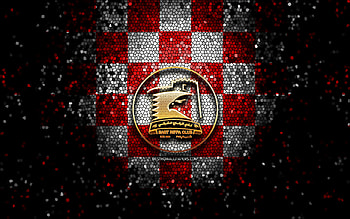 East Riffa FC, glitter logo, Bahraini Premier League, red white checkered background, soccer, Bahraini football club, East Riffa Club logo, mosaic art, football, East Riffa Club HD wallpaper