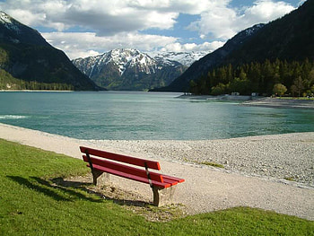 Front Row Seat, bench, sky, lake, mountain HD wallpaper