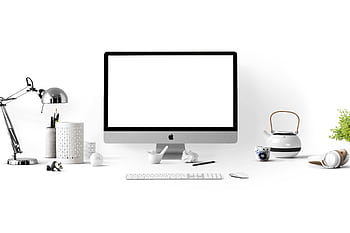 Minimalist office desk with an iMac, lamp, and stationary, perfect for tech backgrounds. HD wallpaper