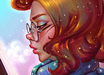 A fascinating story, blue, winter, art, ayyasap, girl, pink, book, fantasy, snow, glasses HD wallpaper