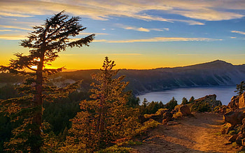A Sunset Walk Towards Crater Lake, Oregon, sky, trees, colors, landscape, clouds, usa HD wallpaper