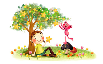 Fantasy, Grass, Stars, Dandelions, Mashrooms, Miscellanea, Miscellaneous, Wood, Tree, , Drawing, Smile, Girl, Animal, Beast, Lawn, Childhood, Pigtails HD wallpaper