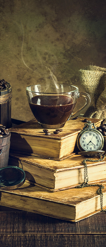 Steam & Stories: Coffee on Stacked Books, drink, book, food, coffee HD phone wallpaper