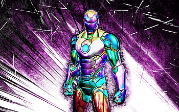Holo Foil Iron Man, grunge art, Fortnite Battle Royale, Fortnite characters, Holo Foil Iron Man Skin, violet abstract rays, Fortnite, Holo Foil Iron Man Fortnite HD wallpaper