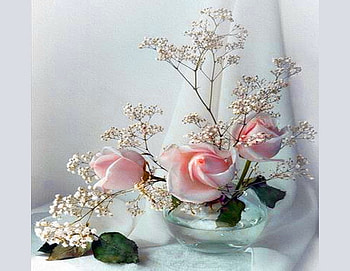 Soft pink beauty, still life, pink, white, drapes, green leaves, roses HD wallpaper