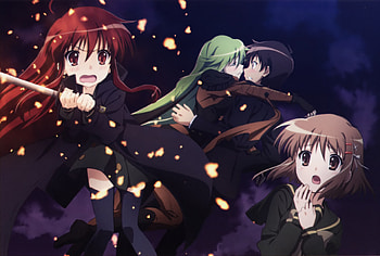 anime, girls, green, red HD wallpaper