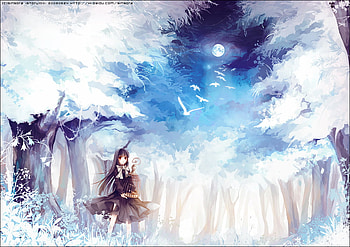 dom, birds, anime, moon, pretty, trees HD wallpaper