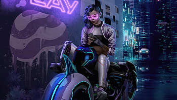 Cyberpunk Bike Girl Texting , cyberpunk, artist, artwork, digital-art, artstation HD wallpaper