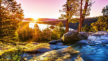 Eagle Falls, Emerald Bay, Lake Tahoe, california, morning, trees, sky, rocks, sunrise, usa HD wallpaper