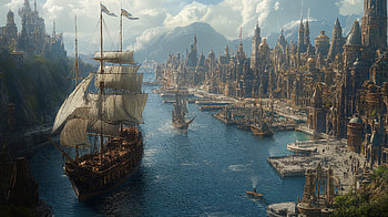 fantasy, fantasy city, sailboat, harbor HD wallpaper