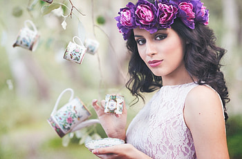 Beauty, bokeh, eyes, girl, woman, cups, lady, face, flowers HD wallpaper