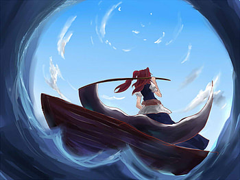 Onozuka Komachi, boat, onozuka, anime girl, scythe, shinigami, komachi, anime, touhou, cool, sky, shrine maiden project, water HD wallpaper
