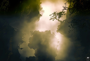 Trees, Art, Fog, Hills, Cliffs, Precipices HD wallpaper