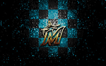 Miami Marlins emblem, glitter logo, MLB, blue black checkered background, american baseball team, Major League Baseball, mosaic art, baseball, Miami Marlins HD wallpaper