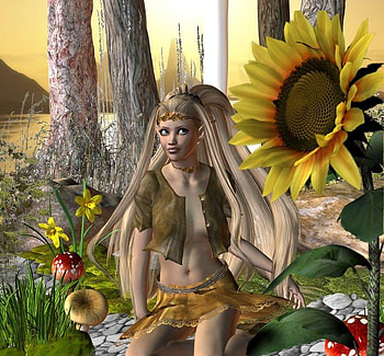Elf, abstract, fantasy, trees, flowers, sunflower HD wallpaper