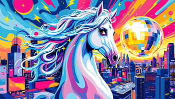 Vibrant Mare: Ultra of a Dreamy Urban Scene, mare, unicorn, Digital Art, vibrant colors, city skyline HD wallpaper