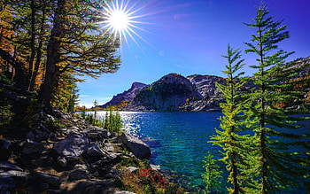 Lake Perfection, the Enchantments, Washington, sun, usa, hills, trees, sky, rocks, water HD wallpaper