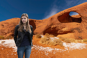 Mila Azul at Monument Valley, nation park, leather coat, model, jeans, usa HD wallpaper