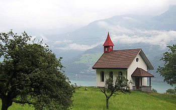 Chapel in Switzerland, Alps, Switzerland, mountains, chapel HD wallpaper