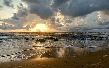 Wavy Sea, rocks, beach, sea, waves, Latvia, clouds HD wallpaper