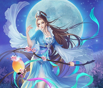 Moon goddess, blue, white, frumusete, asian, goddess, moon, fantasy, luna, luminos, lantern HD wallpaper