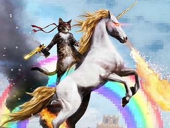 Cat with gun mounted on a unicorn, art, unicorn, cat, fight, gun HD wallpaper