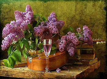 Music, wine and flowers, table, leaves, glass of wine, lilacs, guitar HD wallpaper
