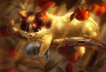 :P, kitten, frumusete, art, gorgeous, cute, cat, tree, fantasy, pisici, yellow, red, fruit, apple, funny, balloon, amelia bothe, superb HD wallpaper