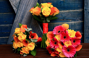 Flowers, Roses, Bouquets, Gerberas, Wood, Tree, Registration, Typography, Table, Calla, Callas, Three HD wallpaper
