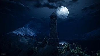 Art, Dark, Lighthouse, Tower, Fantastic, Full Moon HD wallpaper