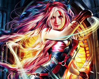 Elizabeth, blue, art, girl, woman, bruno wagner, pink, yayashin, fantasy, yellow, red, game, legend of the cryptids, luminos HD wallpaper
