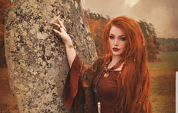 Redhead, girl, model, stone, cosplay, woman HD wallpaper